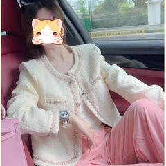 秋装搭配一整套小香风外套套装奶系穿搭粉色丝绒阔腿裤两件套