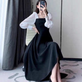 新款春秋拼接方领法式裙子复古网纱裙长袖黑色欧根纱炸街连衣裙女