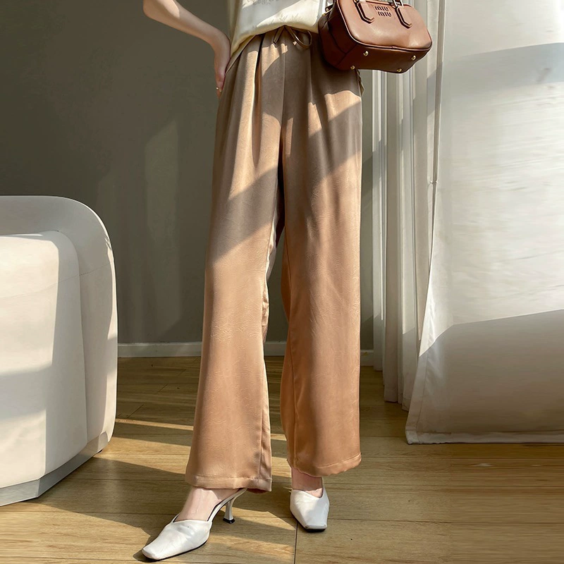 Шелковый атласный 2025 летний новый стиль женские широкие брюки темные цветы тонкие и дикие тонкие прохладные длинные брюки