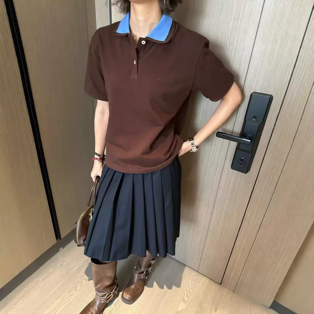 现货2025早春新款字母刺绣撞色翻领短袖T恤polo衫咖啡色女士上衣
