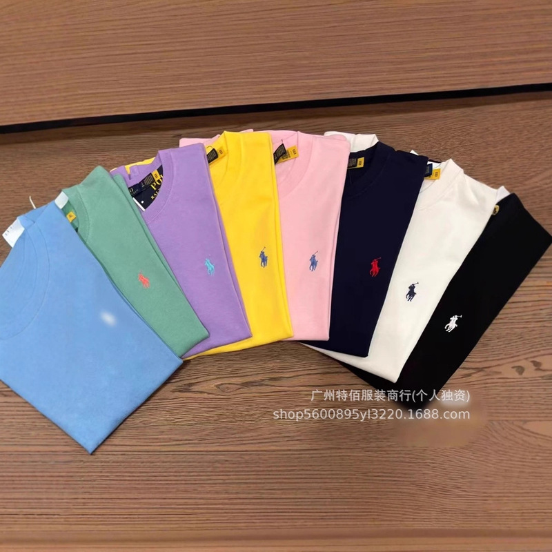 Foreign Trade Ready-Made Pony Embroidered T-Shirt for Men and Women, Round Neck Pure Cotton Short-Sleeved Scan Code Cross-Border R Casual Versatile Half-Sleeve