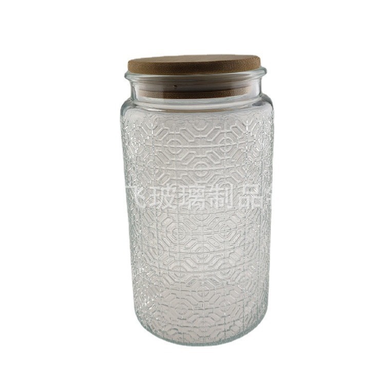 1000ml vintage Begonia en relieve botella de vidrio multi-grano tapa de bambú tarro de té tarro de almacenamiento de vidrio transparente tarro de caramelo
