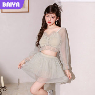 Swimsuit Hot Spring Pure Lust Style Summer New Sweet and Cute Tutu Skirt Student Long-Sleeved Sun Protection Holiday Swimsuit for Women