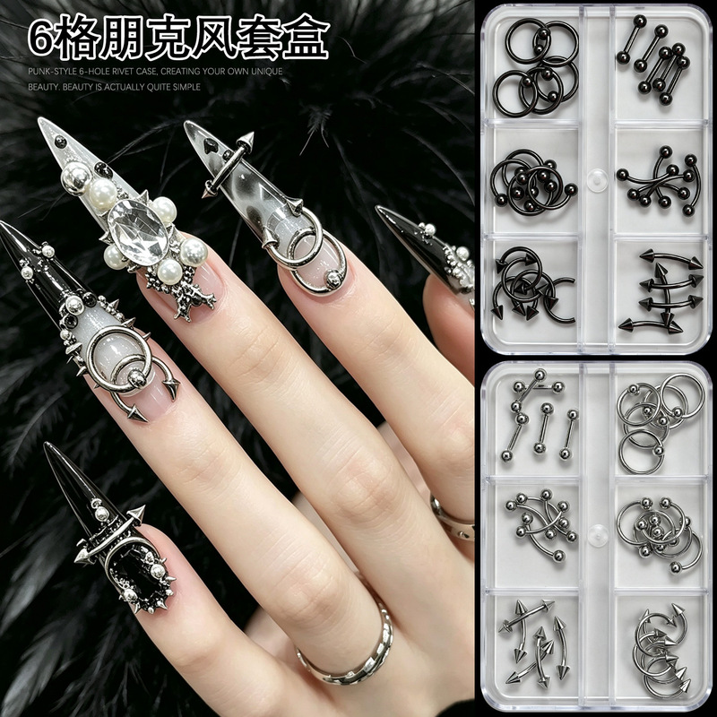 Non-removable nail art perforated rivet accessories, spicy girl style metal perforated studs and rings, wearable nail decorations Non-removable nail art perforated rivet accessories, spicy girl style metal perforated studs and rings, wearable nail decorations