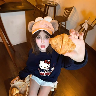 美式趣味小猫印花圆领卫衣女秋冬季宽松原宿风个性百搭上衣ins潮