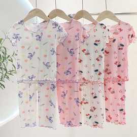 冰丝女童睡衣儿童短袖套装夏季薄款空调服宝宝家居服两件套空调服
