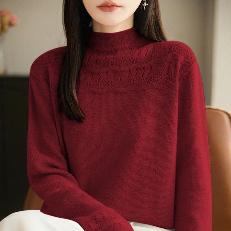 Retro High-End Hollow-Out Jacquard Half-Turtleneck Slim-Fit Knit Sweater for Women, Stylish Outerwear, Thickened Loose-Fitting Inner Wear