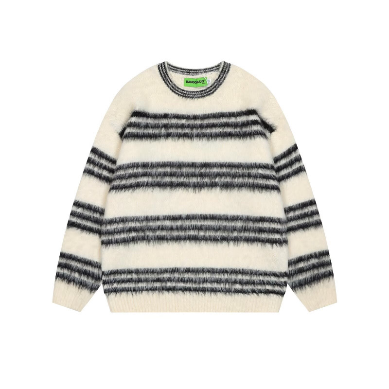 Niche Design Black and White Striped Mohair Crew Neck Sweater for Men, Simple and Relaxed Loose Fit, Unisex Knitwear