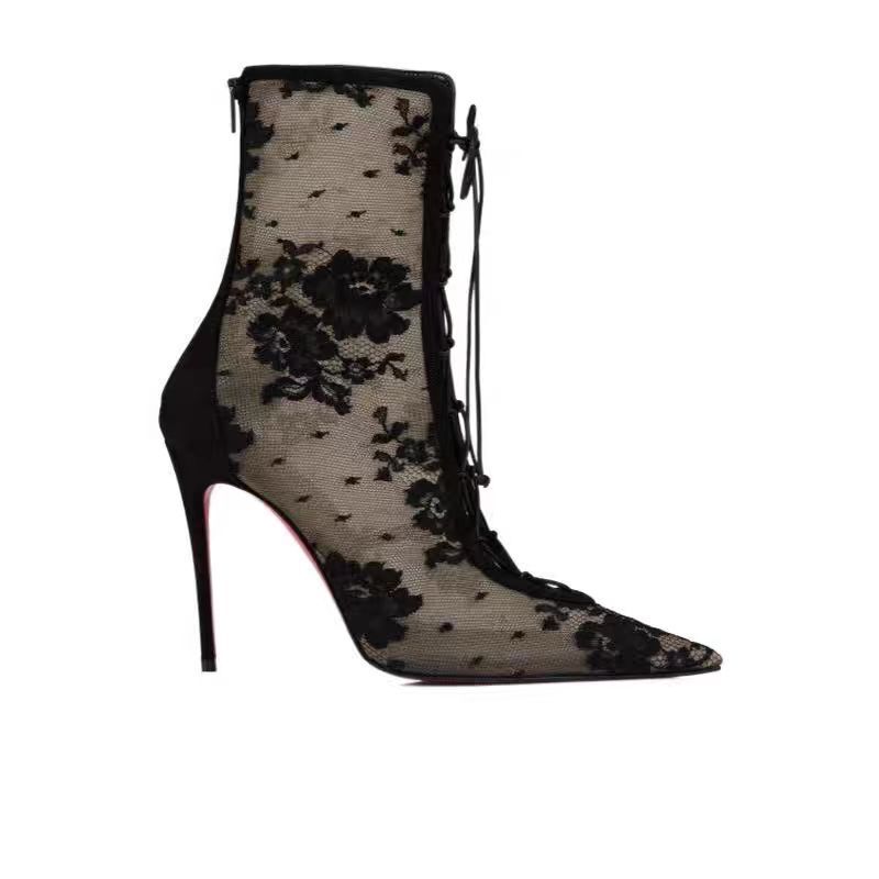 2025 European and American New Style Sexy, Comfortable and Elegant Black See-Through High-Heeled Boots Cross-Border Cut Out Export Large Size Pointed Toe