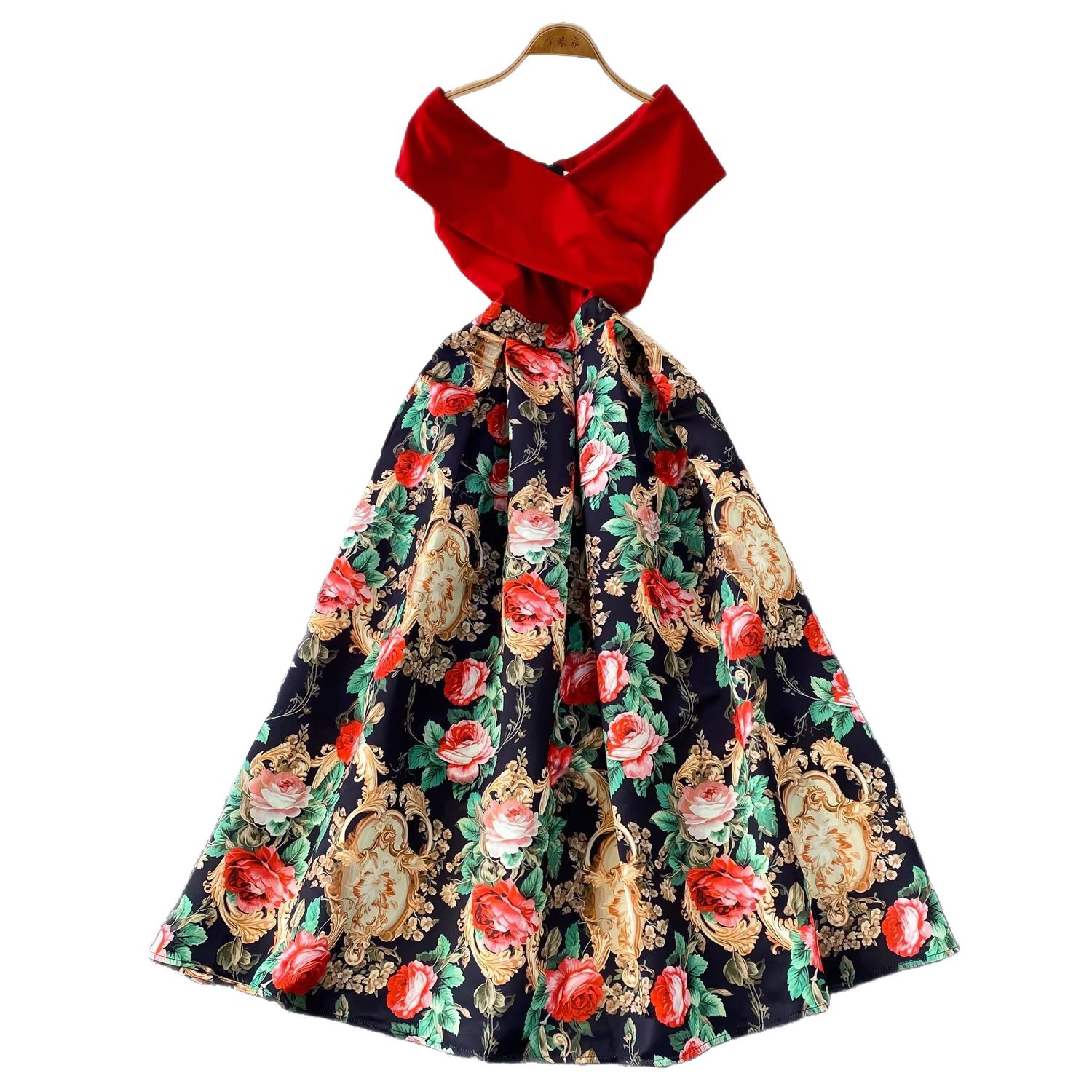 Elegant Court-Style Dress – Cross V-Neck Floral Jacquard Midi Dress With Waist-Defining Silhouette (S-XXL)_ecoleips.com