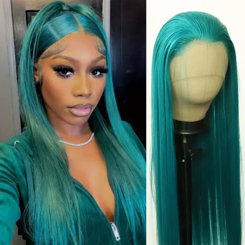 European and American foreign trade new fashion peacock green emerald green wig 13*4 front lace lake blue long straight wig
