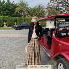 Xzichic易梦玲同款百褶格子半身裙2025春季新款低腰A字长裙子女
