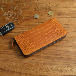 Vintage Crazy Horse Leather Men's Top Layer Cowhide Wallet Large Capacity Crocodile Pattern Handbag Genuine Leather Long Zipper Wallet Trendy