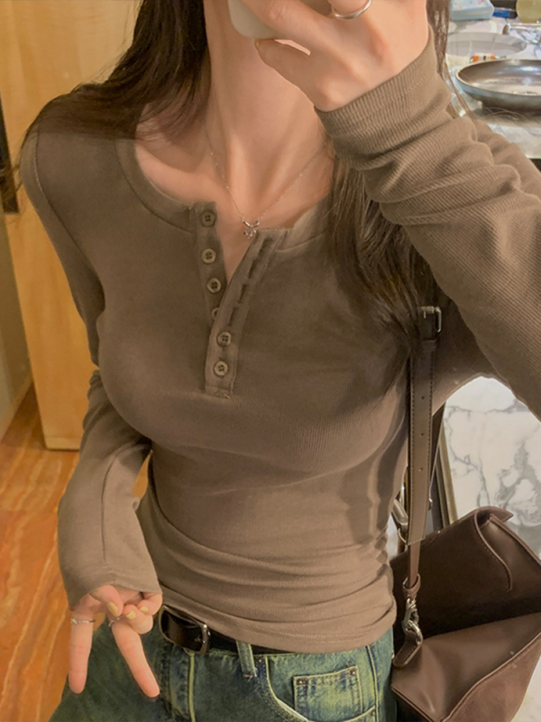 白花灰正肩排扣打底衫女春秋半开领修身甜辣内搭上衣简约长袖T恤|undefined