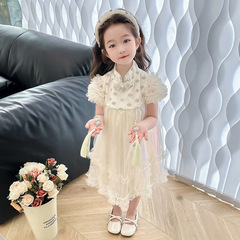 Princess Dress with Chinese Style for Little Girls, Summer Outfit 2024 New Fashion Children Bubbly Sleeve Net Gown