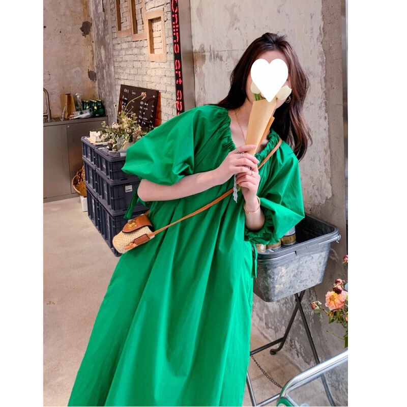 2025 Spring and Summer Forest Dress Small Fresh New Puff Sleeve Round Neck Drawstring Long Skirt for Women