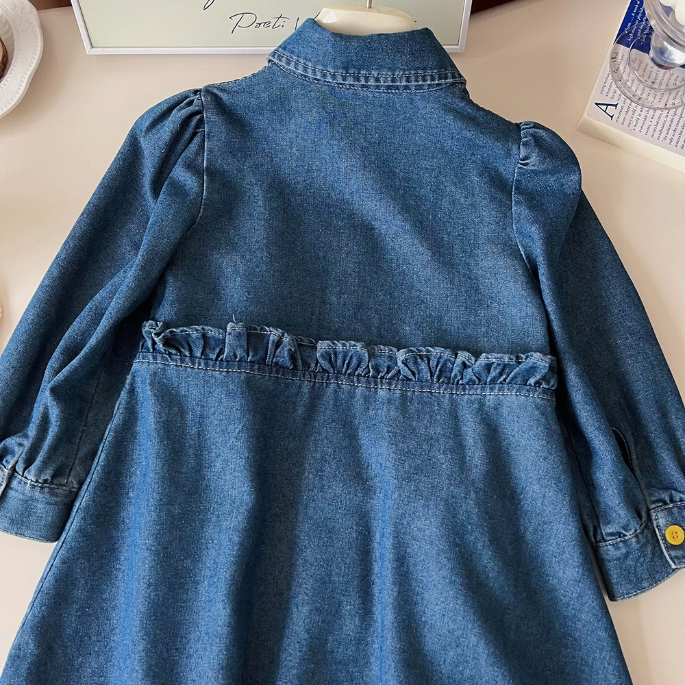 2024 autumn new Korean version girls' sunflower denim long sleeved dress, cute baby girl dress 67378_voghion.com