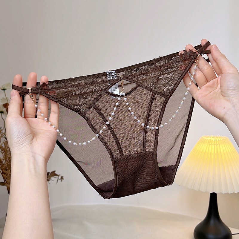 Low-Waist High-Slit Luxury European and American Style Sexy Lace Panties for Women, Hollow-Out Hot and Alluring Sheer Mesh Briefs