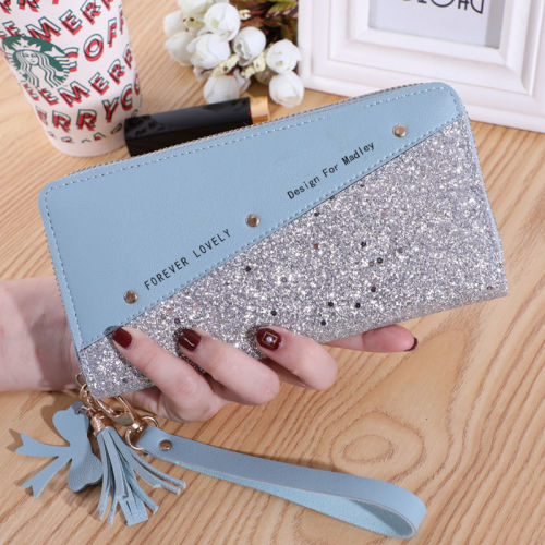  New Wallet Long Ladies Zipper Wallet Female Korean Style Stitching Contrast Color Tassel Versatile Card Holder Mobile Phone Bag