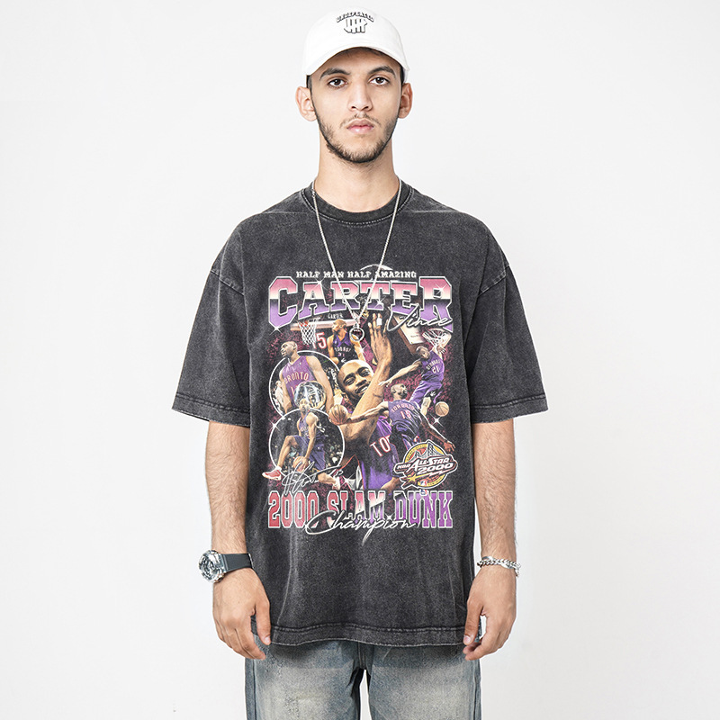 Cross-border Vintage Vince Carter Printed American Short-sleeved T-shirt Men's Washed Dressed Loose Heavy Small Collar Men's