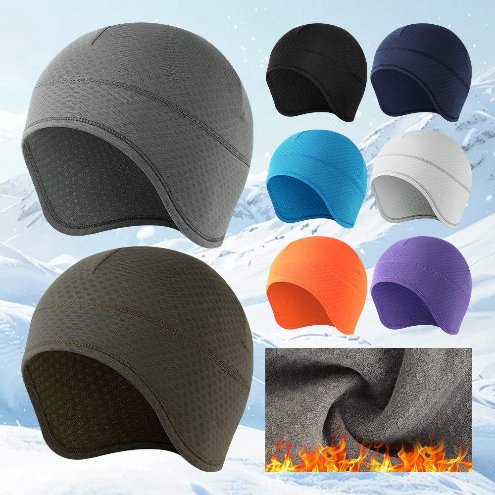 Outdoor autumn and winter fleece ear-protecting brimless warm hat for skiing and cycling, sweat-absorbing and windproof helmet liner, solid color sports cap
