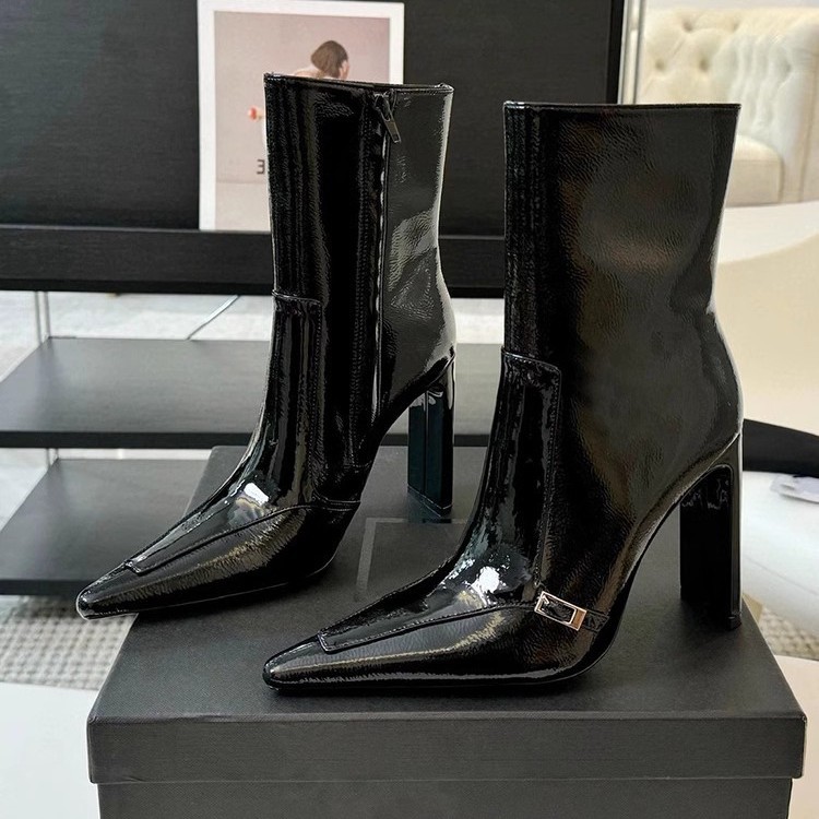 유럽과 미국 스타일의 여성용 뾰족코 숏부츠, 2025년 가을 겨울 신상, 벨벳 안감, 다용도 블랙 굽높은 패션 마틴부츠