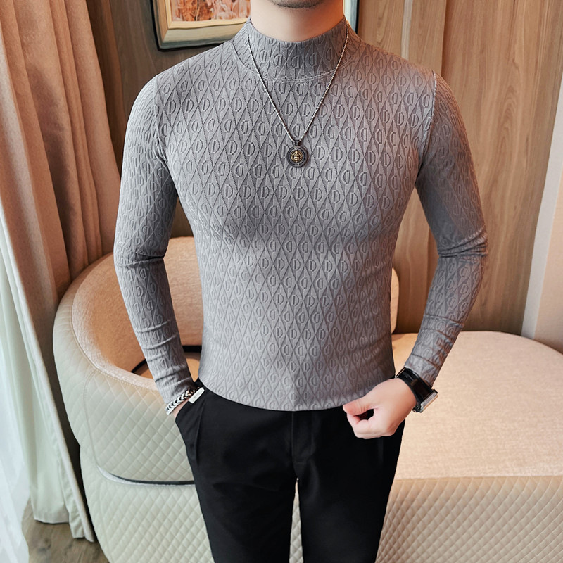 남성용 신형 미드 칼라 긴팔 티셔츠 슬림 한국 바닥 셔츠 하이 센스 체크 무늬 2024 가을 의류