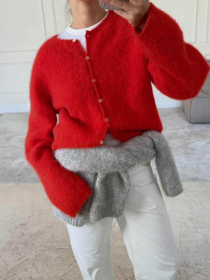 Áo khoác cardigan len nữ dáng rộng một hàng cúc, chất liệu dệt kim mềm mại, phong cách thanh lịch — Màu hồng nhạt (hàng có sẵn), Màu xanh lá cây (có hàng), Màu xanh ô liu (đốm), Màu xanh đậm (Còn hàng) chi tiết 22
