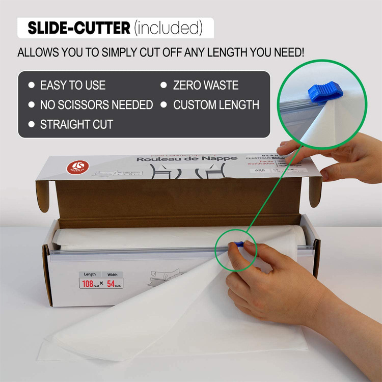 Amazon rollo con corte de alto grado blanco puro PE mantel rollo a prueba de aceite impermeable mantel 54 pulgadas x108 pies