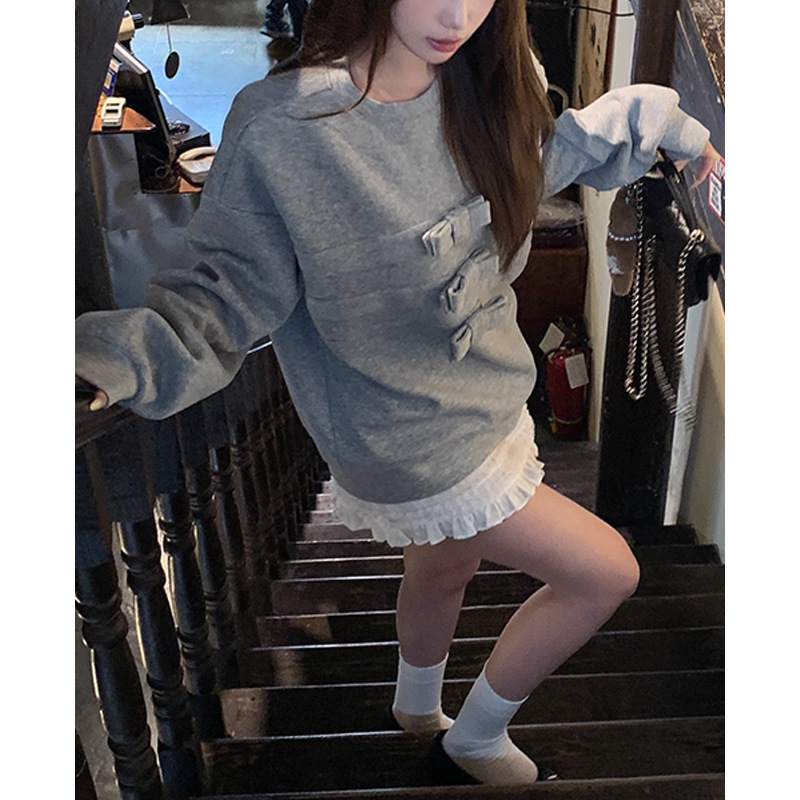 休闲百搭蝴蝶结圆领长袖白色卫衣女2025新款巨好看的无帽短款上衣|undefined