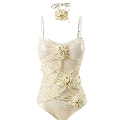 Luxury and stylish one-piece swimsuit for women with a light luxury, internet celebrity vibe, high-end sense, subtle shimmer, pearls, floral design, sexy and pure desire, small chest shaping, vacation style.