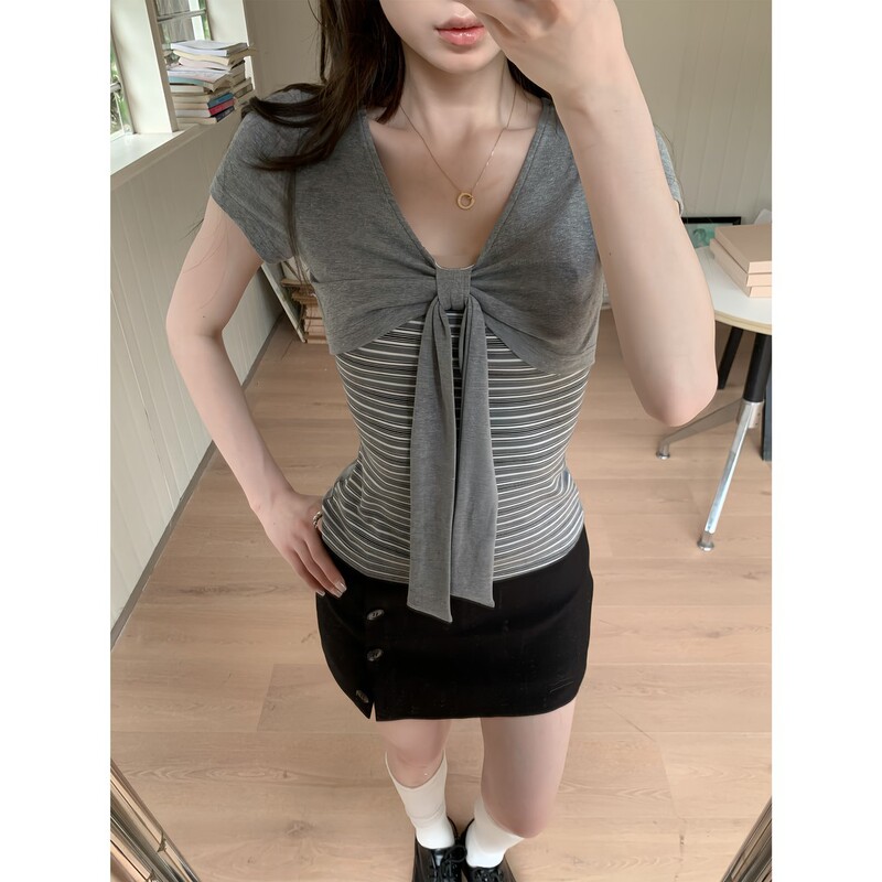 【Purposeless】Summer New Korean-Style Niche Design Bowknot Fake Two-Piece Short-Sleeve T-Shirt Top for Women 【Purposeless】Summer New Korean-Style Niche Design Bowknot Fake Two-Piece Short-Sleeve T-Shirt Top for Women