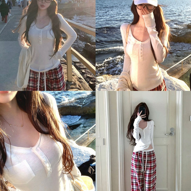 Suuuicee Korean Style Slim Fit Long Sleeve V-Neck Base Shirt for Petite Women, Versatile and Stylish T-Shirt Top Suuuicee Korean Style Slim Fit Long Sleeve V-Neck Base Shirt for Petite Women, Versatile and Stylish T-Shirt Top