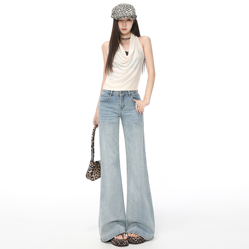 Low-Waist Micro-Flared Jeans for Women 2025 Summer New Light Blue Pants Black Cow Same Style Flared Pants