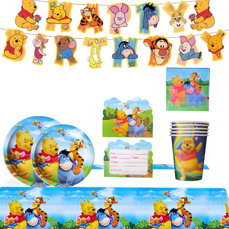 Winnie the Pooh Kidsren's Birthday Party Set Winnie the Pooh Tablecloth Paper Plate Paper Cup Tissue Pull Flag Decoration Supplies