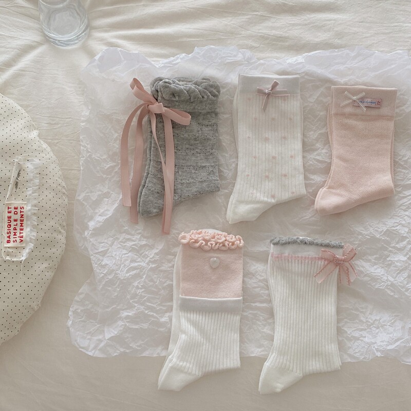 Sweet Hollow-Out Girly Pink~ Korean-Style Pink and Gray Contrast Bow Socks, Thin Combed Cotton for Women, Spring and Summer
