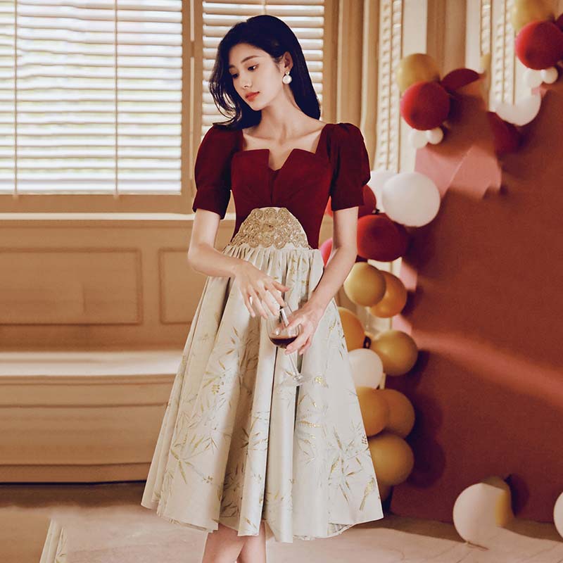 Vestido rojo 2026, nuevo vestido de verano estilo francés para compromiso, elegante vestido midi para brindis nupcial.