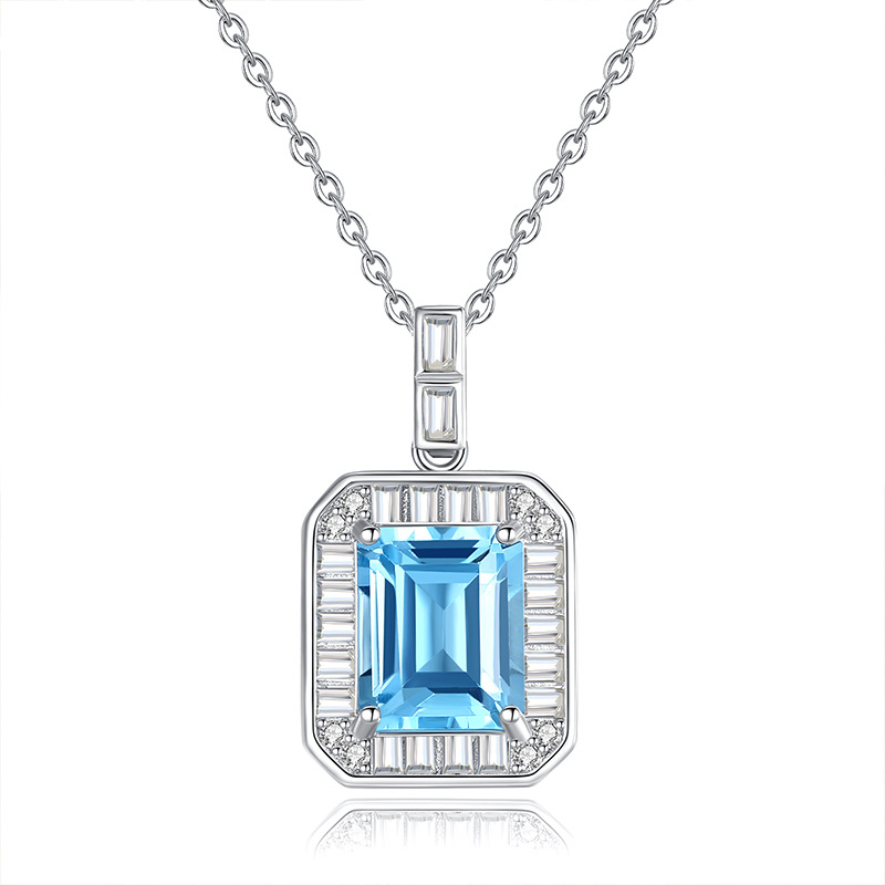 Gem Cross-border Douyin Live S925 Collar de plata esterlina Colgante cuadrado de piedra natural para mujer Cadena de clavícula con sentido de diseño avanzado
