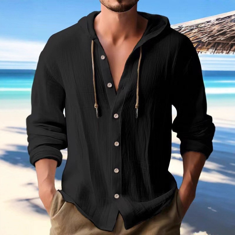 Cross-Border Amazon 2025 New Fashion Spring and Summer Men's Hooded Shirt Pure Color Cotton and Linen Casual Long-Sleeved Tops.