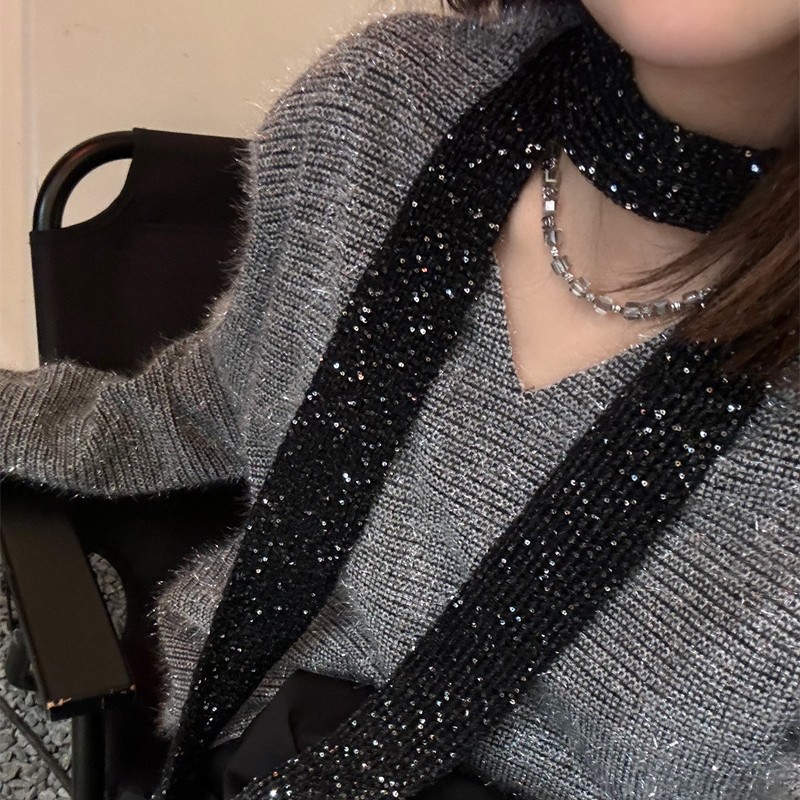 Instagram Influencer Black Polka Dot Sequin Scarf for Women, Versatile Millennial Style, Sexy Chanel-Inspired Knit with a High-End Feel