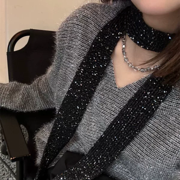 Instagram Influencer Black Polka Dot Sequin Scarf for Women, Versatile Millennial Style, Sexy Chanel-Inspired Knit with a High-End Feel