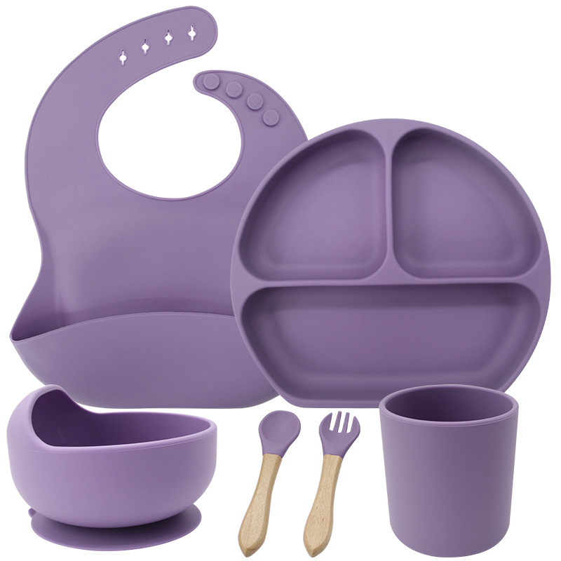 Conjunto de cubiertos de silicona para niños de grado alimenticio, platos de comedor de tres compartimentos, tazas de agua de silicona para bebés, tazas de silicona para estudiantes
