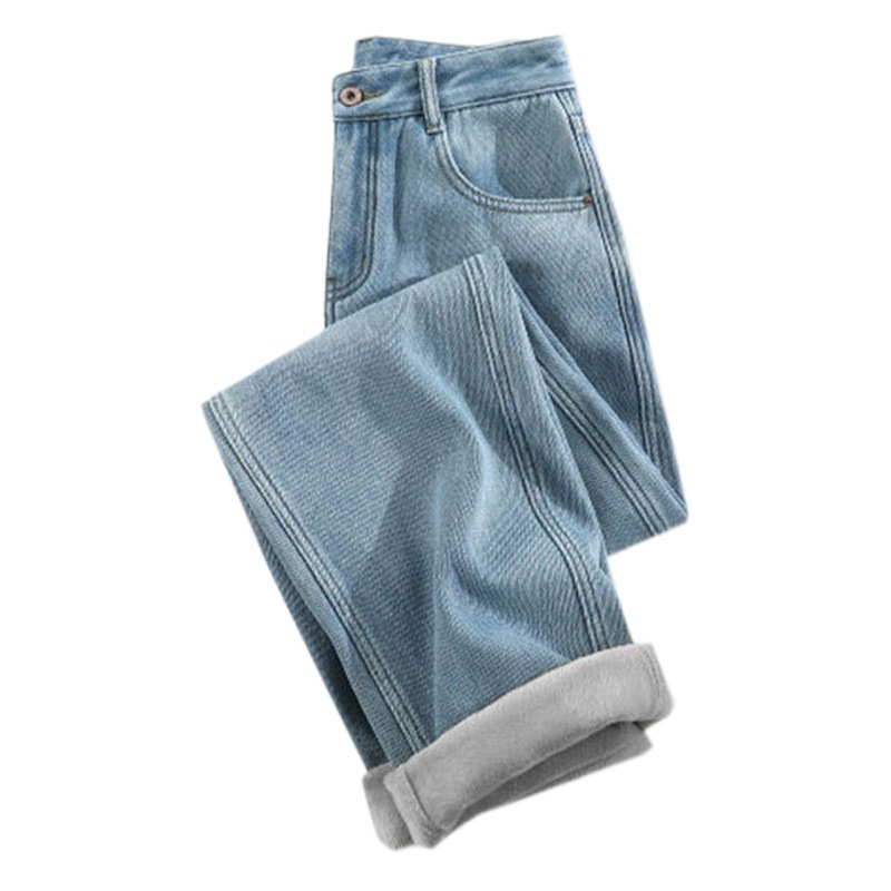 Fleece-lined thick jeans women's autumn and winter warm wide-leg high waist draping mop pants slim straight loose long pants