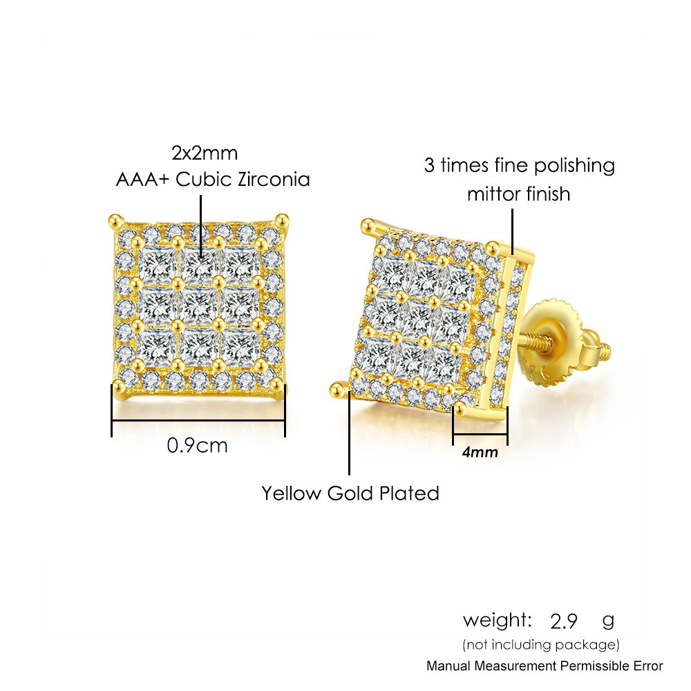 Square Full Diamond Thread Earrings For Men Trendy Studs_voghion.com
