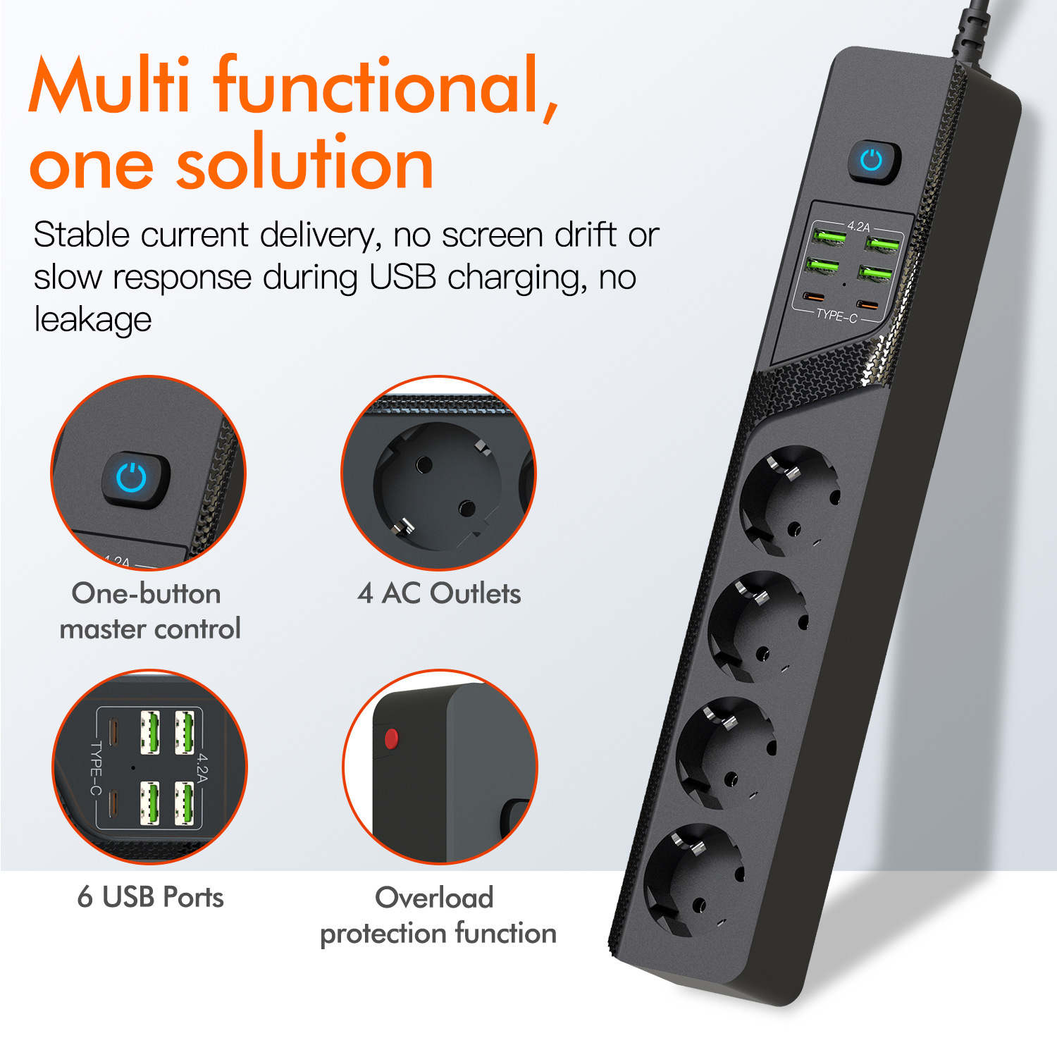 德国法国俄罗斯乌克兰韩国专用欧式孔延长线插座4U2C充电10in1