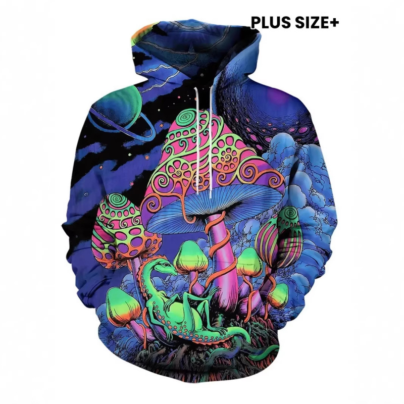 Psychedelic Mushroom Lizard 3D Digital Print Hooded Sweatshirt Men's Fashion Cyberpunk Style Loose Hoodie Top Psychedelic Mushroom Lizard 3D Digital Print Hooded Sweatshirt Men's Fashion Cyberpunk Style Loose Hoodie Top