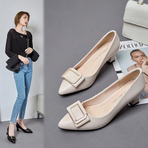 Mom's High Heels Women's Wedding Party Thick Heel Autumn Leather Shoes Non-Binding Soft Sole Comfortable  New Soft Leather Single Shoes