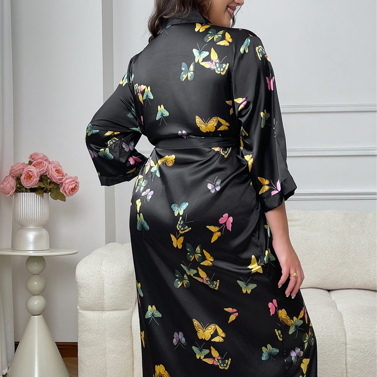 GraceChic Cross-Borr Plus Size Damen-Nachthemd mit Schmetterlingsmuster aus Satin, lässig, bequem, weich, locker, für Zuhause, tragbar_voghion.com
