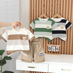 帥氣小男孩條紋短袖套裝2024夏季新款兒童圓領衫薄款兩件套小童裝
