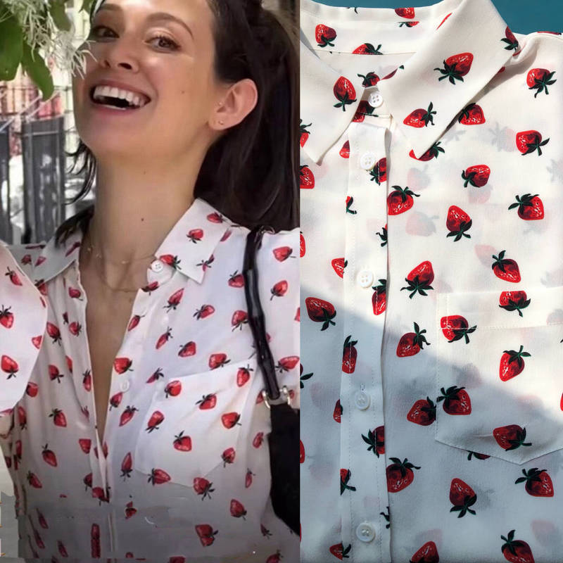 EQ Strawberry · cocoa love strawberry printing skin-friendly mulberry silk sand washed silk crepe de Chine lapel long sleeve shirt